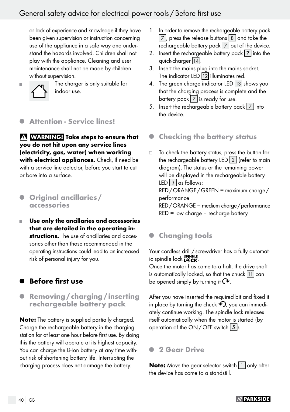 Attention - service lines, Original ancillaries / accessories, Before first use | Checking the battery status, Changing tools, 2 gear drive | Parkside PABS 10.8 C2 User Manual | Page 40 / 44
