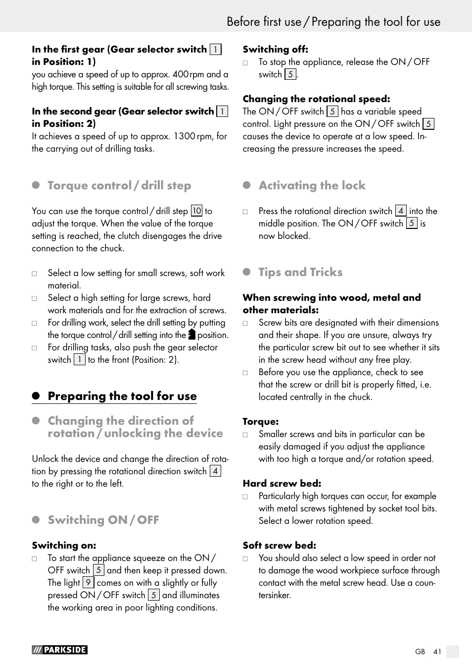 Before first use / preparing the tool for use, Torque control / drill step, Switching on / off | Activating the lock, Tips and tricks | Parkside PABS 10.8 C2 User Manual | Page 41 / 44