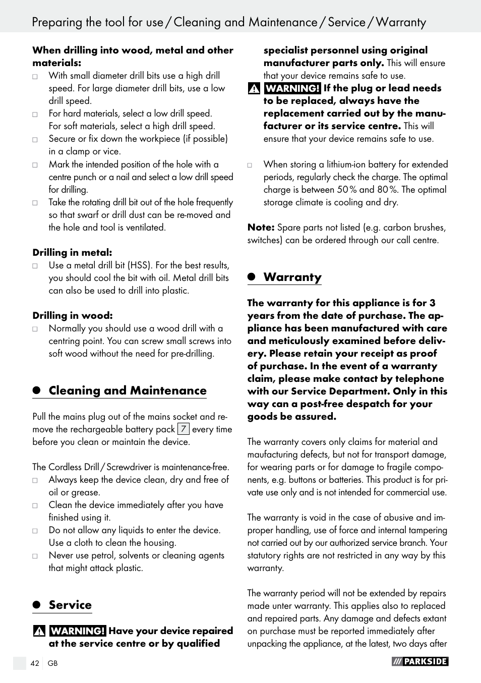 Cleaning and maintenance, Service, Warranty | Parkside PABS 10.8 C2 User Manual | Page 42 / 44