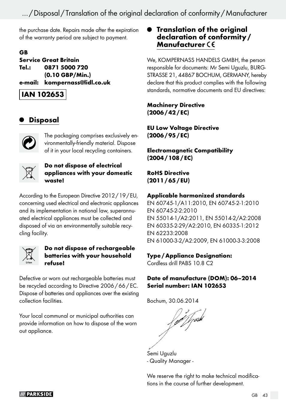 Disposal | Parkside PABS 10.8 C2 User Manual | Page 43 / 44