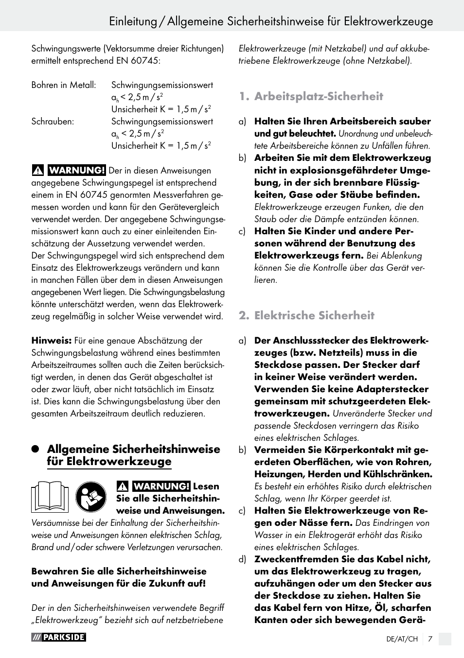 Arbeitsplatz-sicherheit, Elektrische sicherheit | Parkside PABS 10.8 C2 User Manual | Page 7 / 44