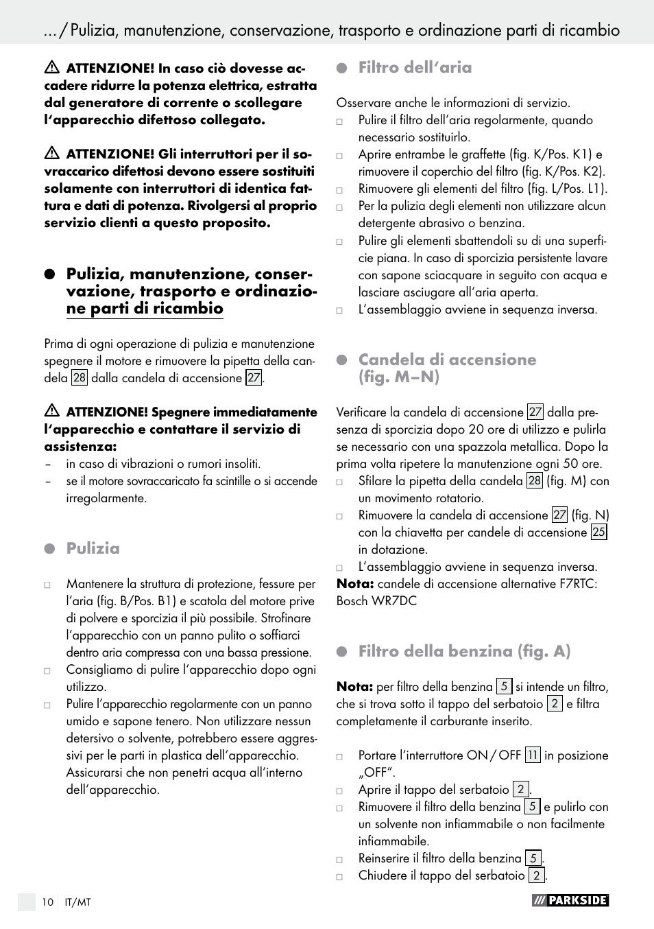 Pulizia, Filtro dell‘aria, Candela di accensione (fig. m–n) | Filtro della benzina (fig. a) | Parkside PSE 2800 A1 User Manual | Page 10 / 35