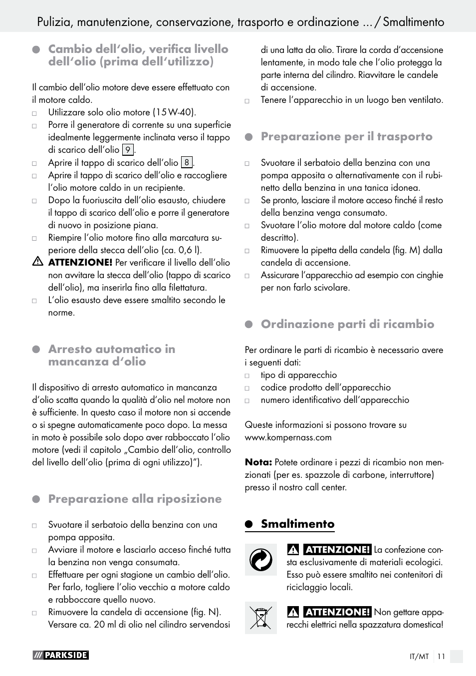 Arresto automatico in mancanza d‘olio, Preparazione alla riposizione, Preparazione per il trasporto | Ordinazione parti di ricambio, Smaltimento | Parkside PSE 2800 A1 User Manual | Page 11 / 35