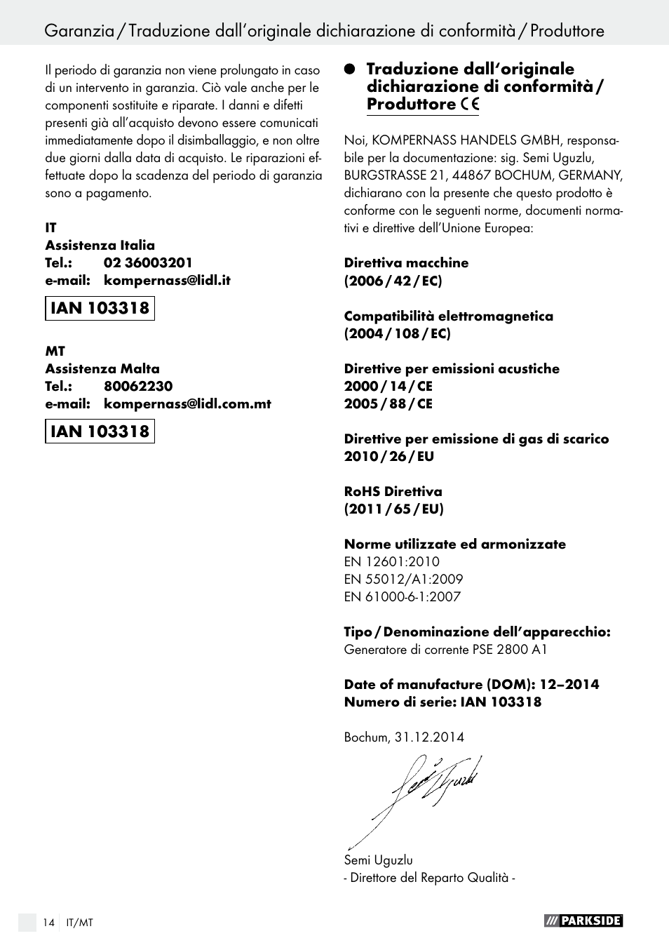 Parkside PSE 2800 A1 User Manual | Page 14 / 35
