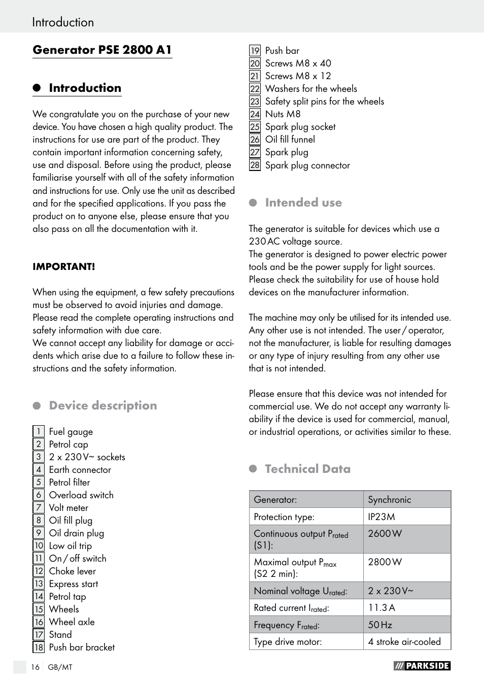 Introduction, Introduction / safety instructions, Device description | Intended use, Technical data | Parkside PSE 2800 A1 User Manual | Page 16 / 35