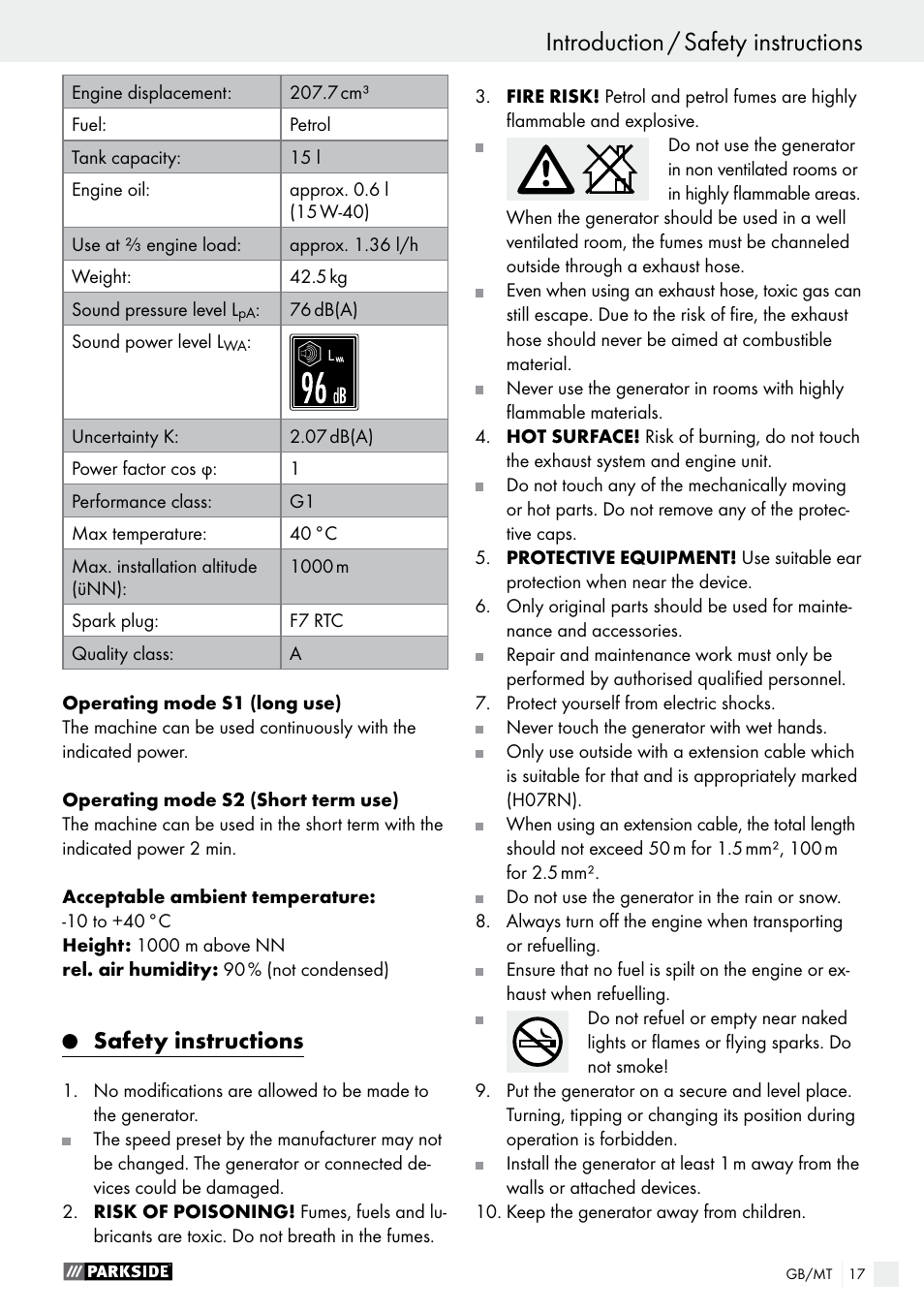 Introduction introduction / safety instructions, Safety instructions | Parkside PSE 2800 A1 User Manual | Page 17 / 35