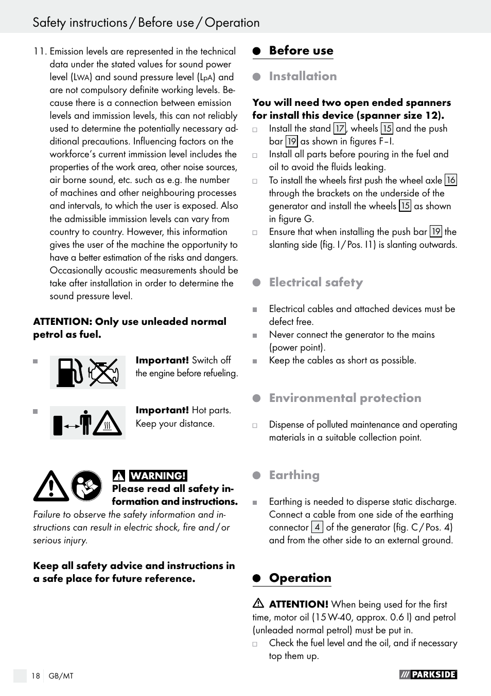 Safety instructions / before use / operation, Before use installation, Electrical safety | Environmental protection, Earthing, Operation | Parkside PSE 2800 A1 User Manual | Page 18 / 35