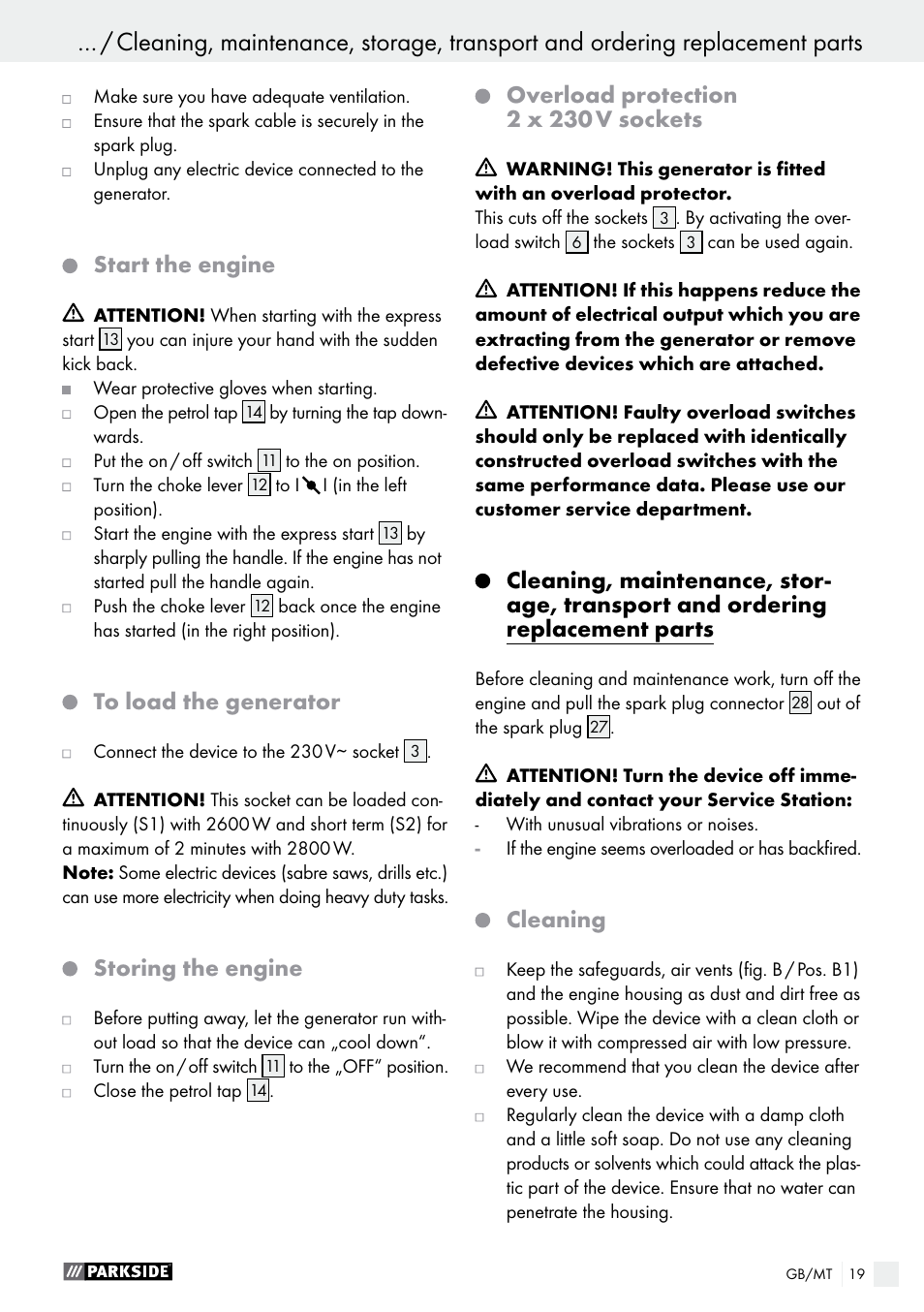 Start the engine, Storing the engine, Overload protection 2 x 230 v sockets | Cleaning | Parkside PSE 2800 A1 User Manual | Page 19 / 35