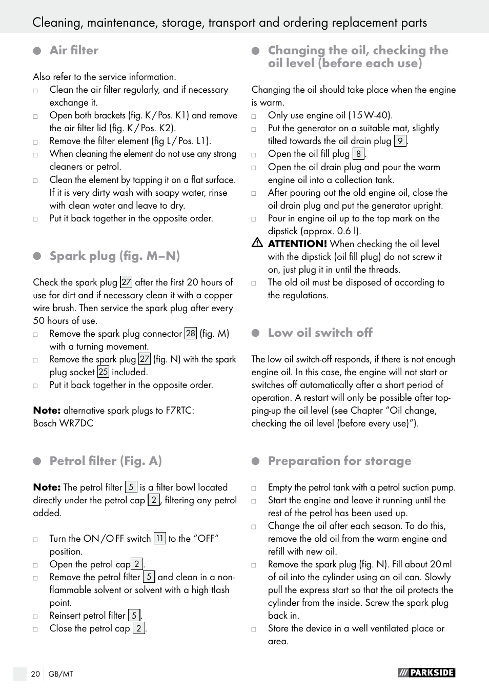 Air filter, Spark plug (fig. m–n), Petrol filter (fig. a) | Low oil switch off, Preparation for storage | Parkside PSE 2800 A1 User Manual | Page 20 / 35