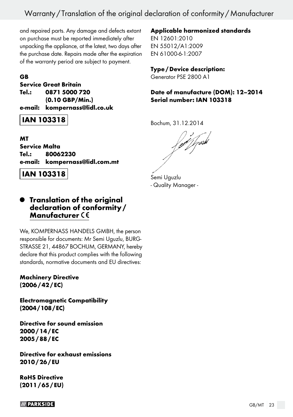 Maintenance schedule / warranty | Parkside PSE 2800 A1 User Manual | Page 23 / 35