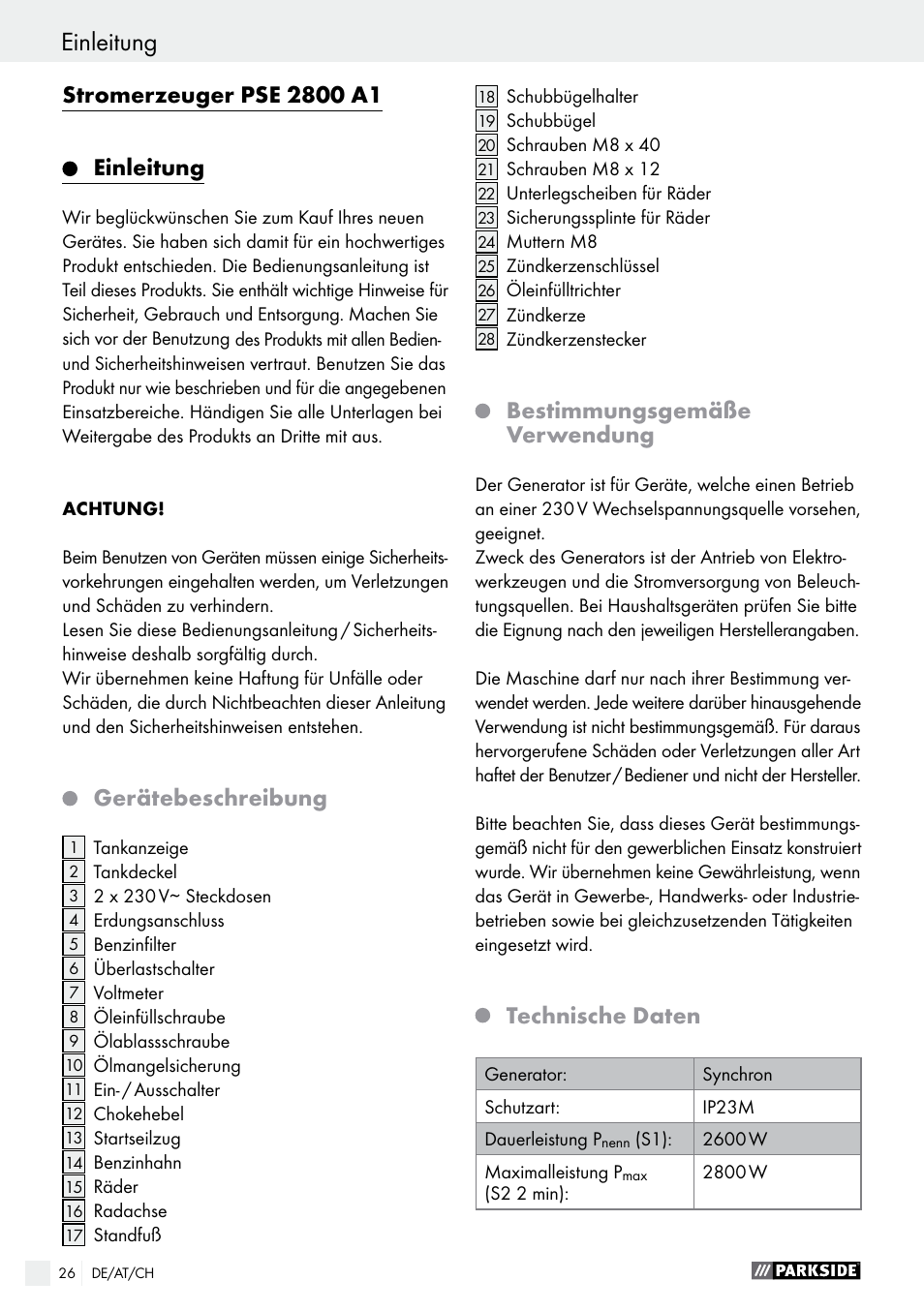 Einleitung / sicherheitshinweise, Einleitung, Gerätebeschreibung | Bestimmungsgemäße verwendung, Technische daten | Parkside PSE 2800 A1 User Manual | Page 26 / 35