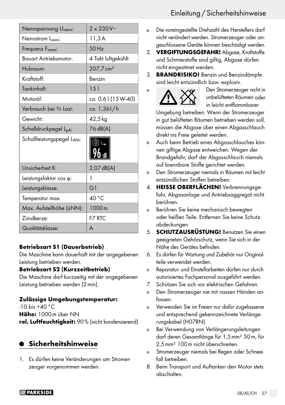 Einleitung / sicherheitshinweise einleitung, Sicherheitshinweise | Parkside PSE 2800 A1 User Manual | Page 27 / 35