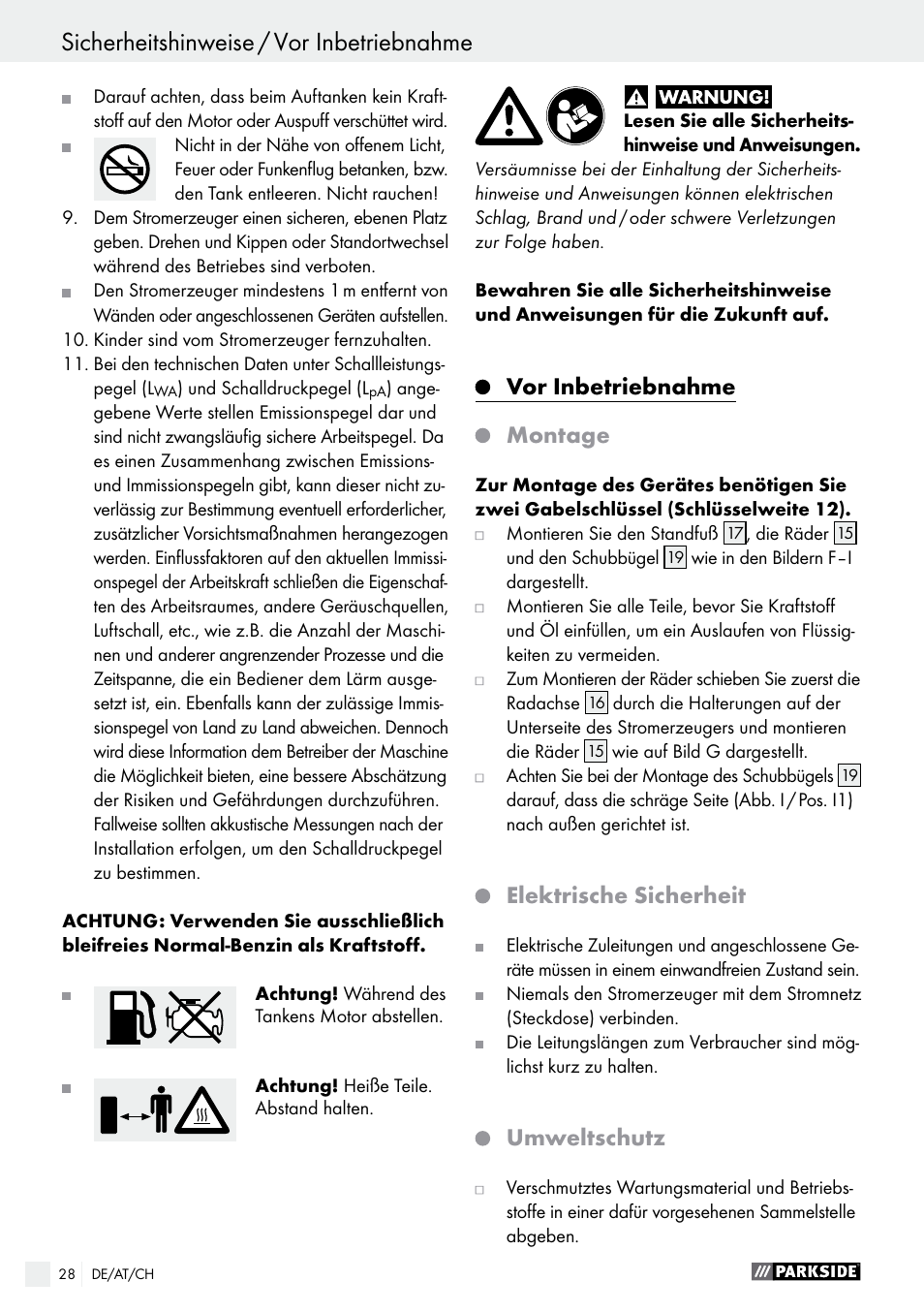 Vor inbetriebnahme / bedienung, Sicherheitshinweise / vor inbetriebnahme, Vor inbetriebnahme montage | Elektrische sicherheit, Umweltschutz | Parkside PSE 2800 A1 User Manual | Page 28 / 35