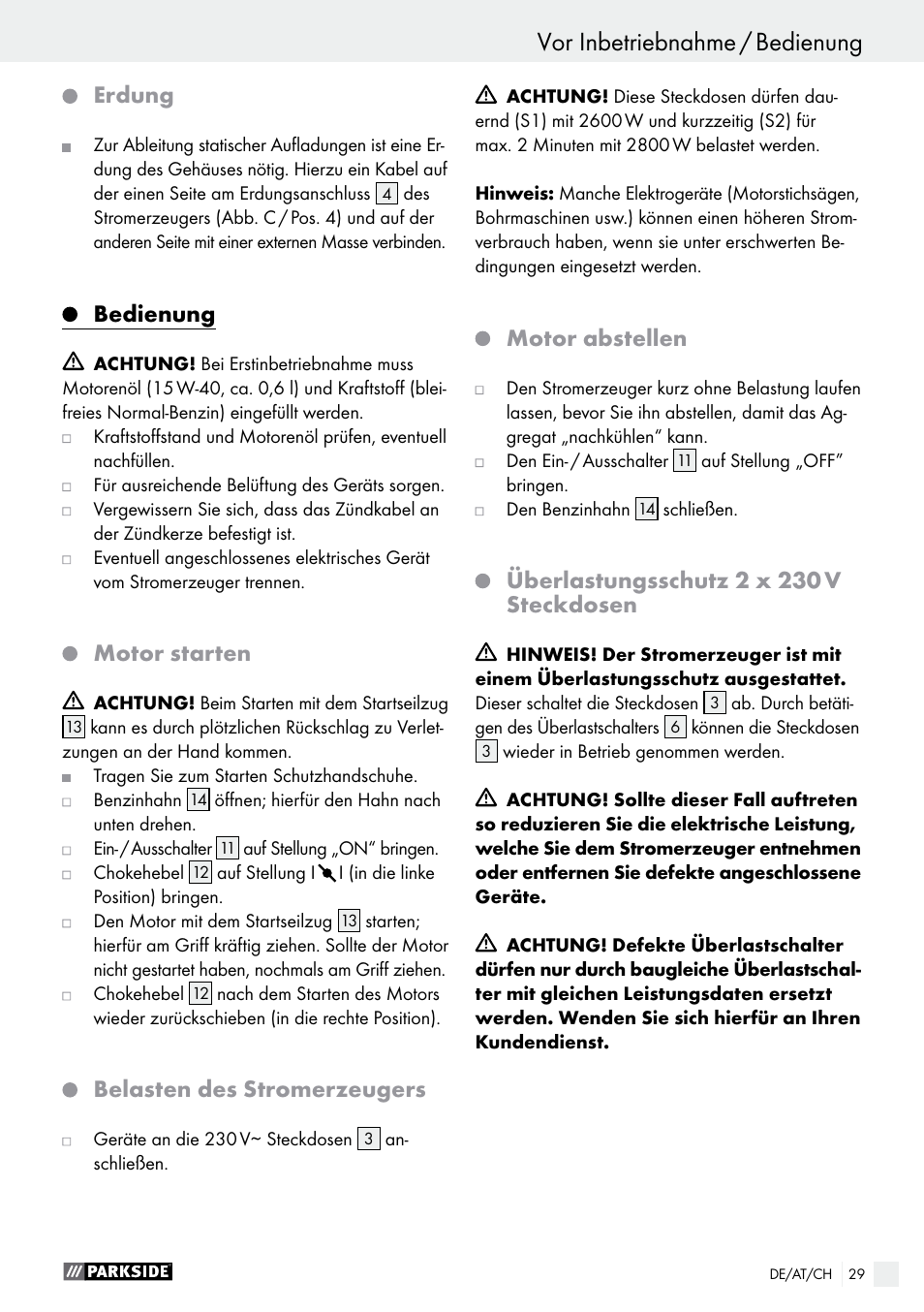 Erdung, Bedienung, Motor starten | Belasten des stromerzeugers, Motor abstellen, Überlastungsschutz 2 x 230 v steckdosen | Parkside PSE 2800 A1 User Manual | Page 29 / 35