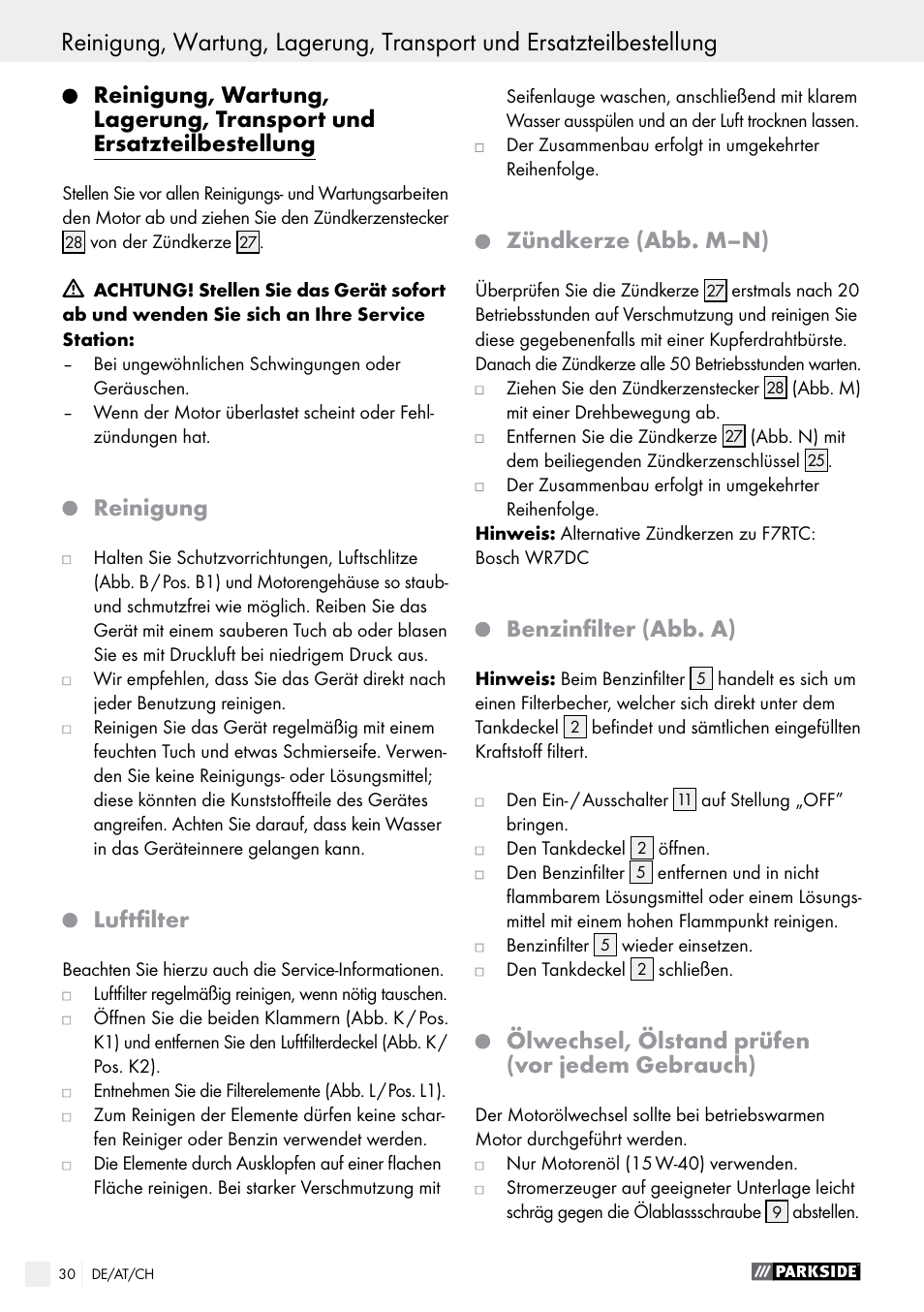 Reinigung, Luftfilter, Zündkerze (abb. m–n) | Benzinfilter (abb. a), Ölwechsel, ölstand prüfen (vor jedem gebrauch) | Parkside PSE 2800 A1 User Manual | Page 30 / 35