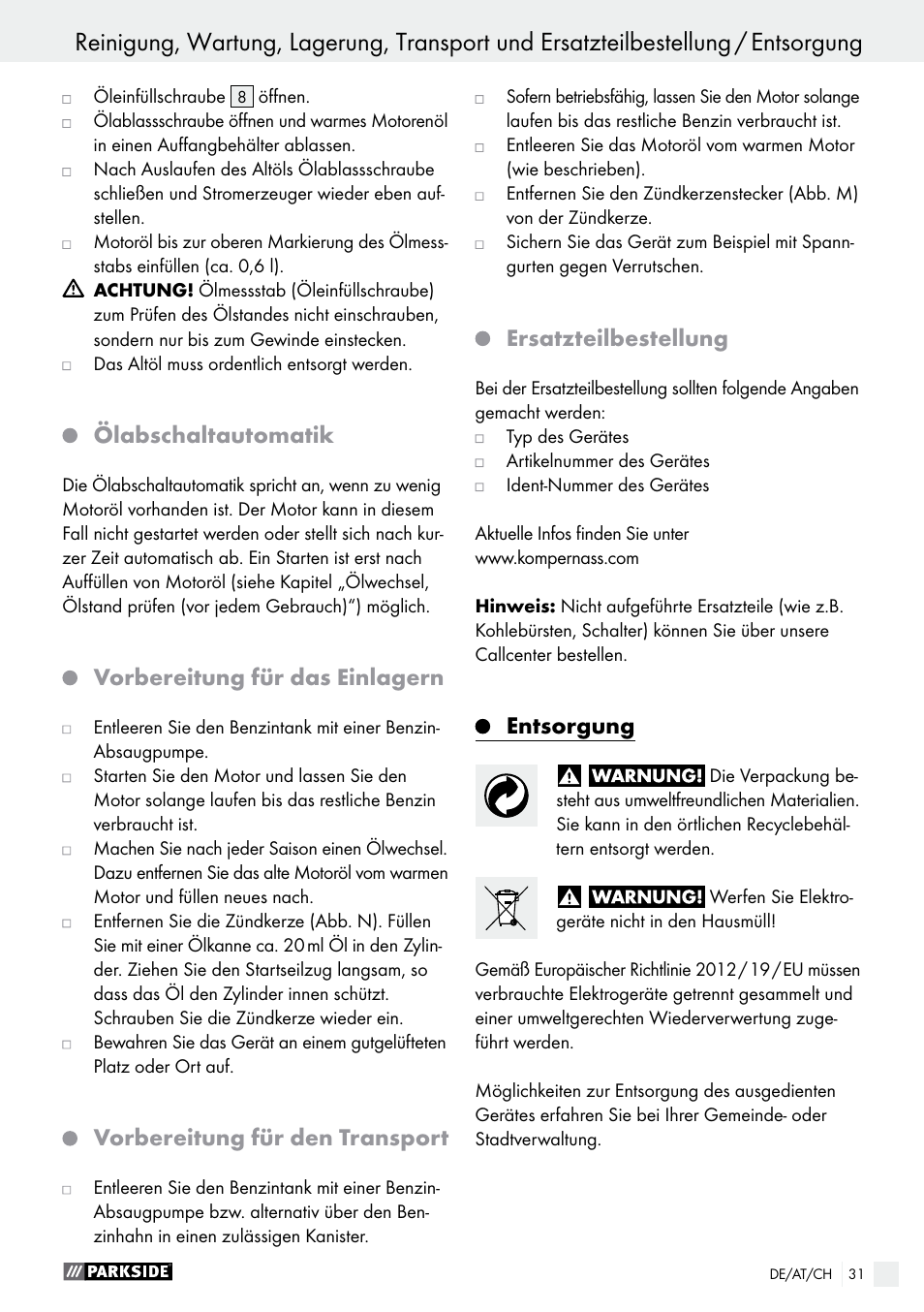 Ölabschaltautomatik, Vorbereitung für das einlagern, Vorbereitung für den transport | Ersatzteilbestellung, Entsorgung | Parkside PSE 2800 A1 User Manual | Page 31 / 35