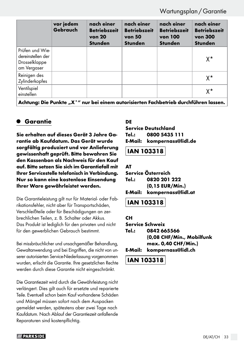 Wartungsplan / garantie, Fehlersuchplan / wartungsplan | Parkside PSE 2800 A1 User Manual | Page 33 / 35