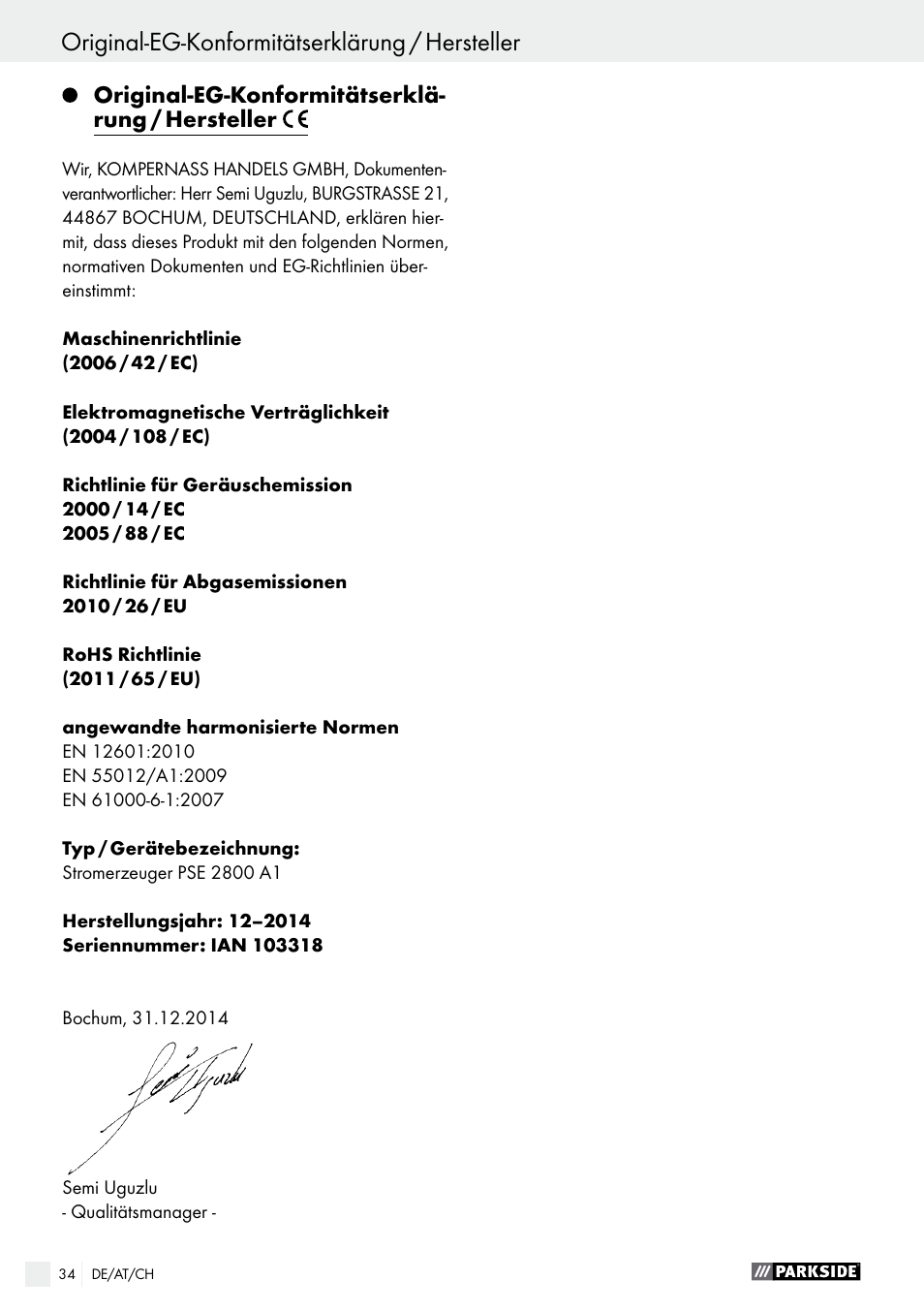 Original-eg-konformitätserklärung / hersteller | Parkside PSE 2800 A1 User Manual | Page 34 / 35