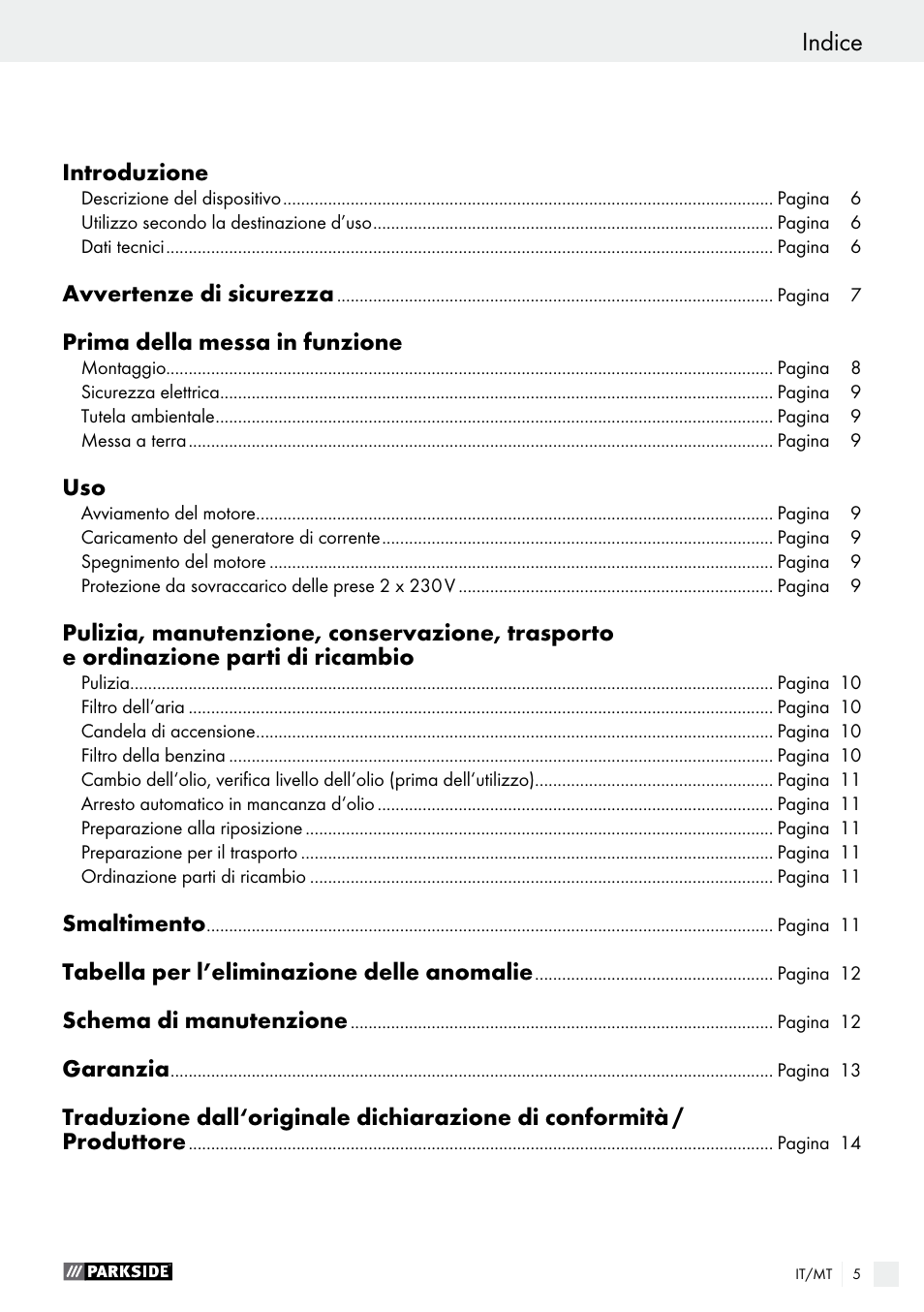 Indice | Parkside PSE 2800 A1 User Manual | Page 5 / 35