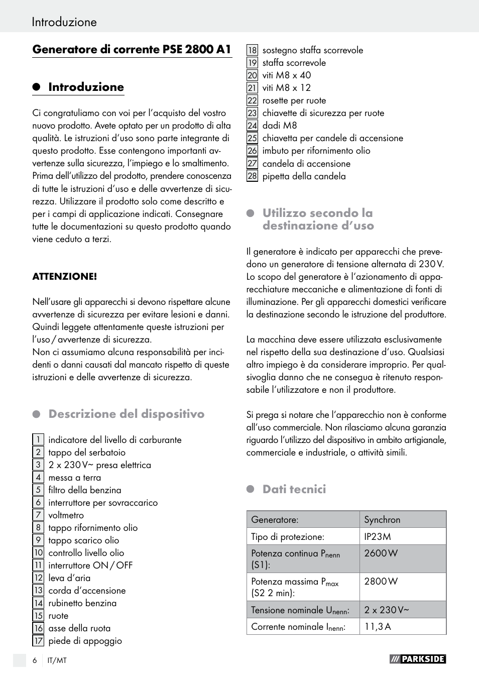 Introduzione, Descrizione del dispositivo, Utilizzo secondo la destinazione d’uso | Dati tecnici | Parkside PSE 2800 A1 User Manual | Page 6 / 35