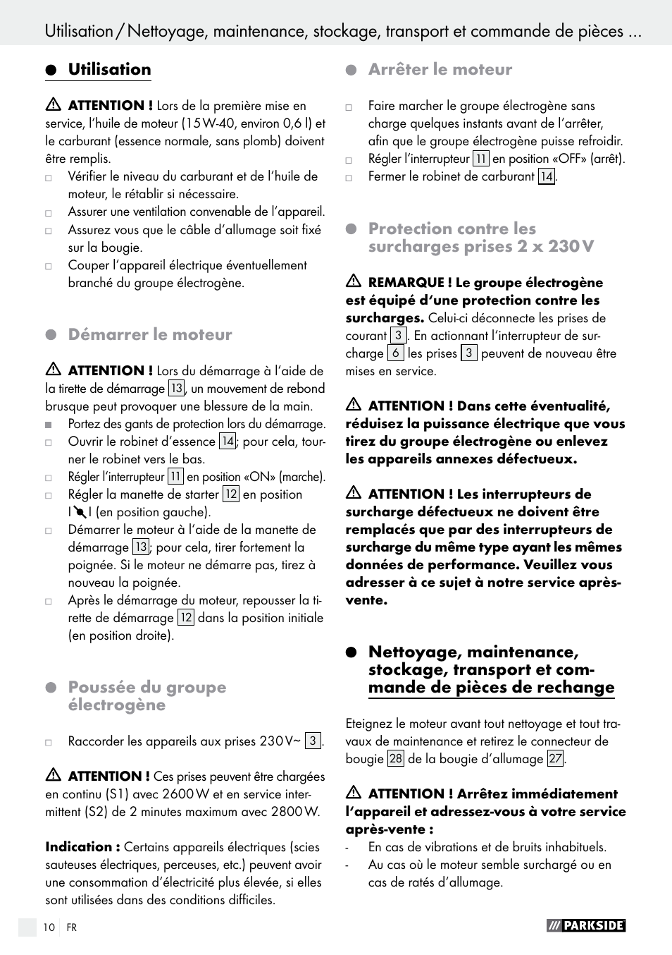 Utilisation, Démarrer le moteur, Poussée du groupe électrogène | Arrêter le moteur, Protection contre les surcharges prises 2 x 230 v | Parkside PSE 2800 A1 User Manual | Page 10 / 37