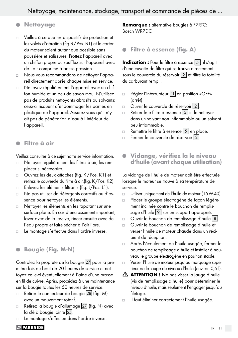 Nettoyage, Filtre à air, Bougie (fig. m-n) | Filtre à essence (fig. a) | Parkside PSE 2800 A1 User Manual | Page 11 / 37