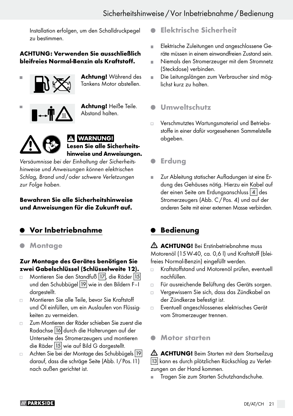 Vor inbetriebnahme montage, Elektrische sicherheit, Umweltschutz | Erdung, Bedienung, Motor starten | Parkside PSE 2800 A1 User Manual | Page 21 / 37