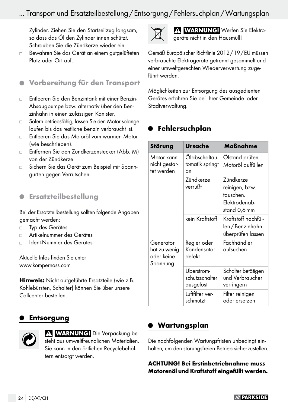 Vorbereitung für den transport, Ersatzteilbestellung, Entsorgung | Fehlersuchplan, Wartungsplan | Parkside PSE 2800 A1 User Manual | Page 24 / 37