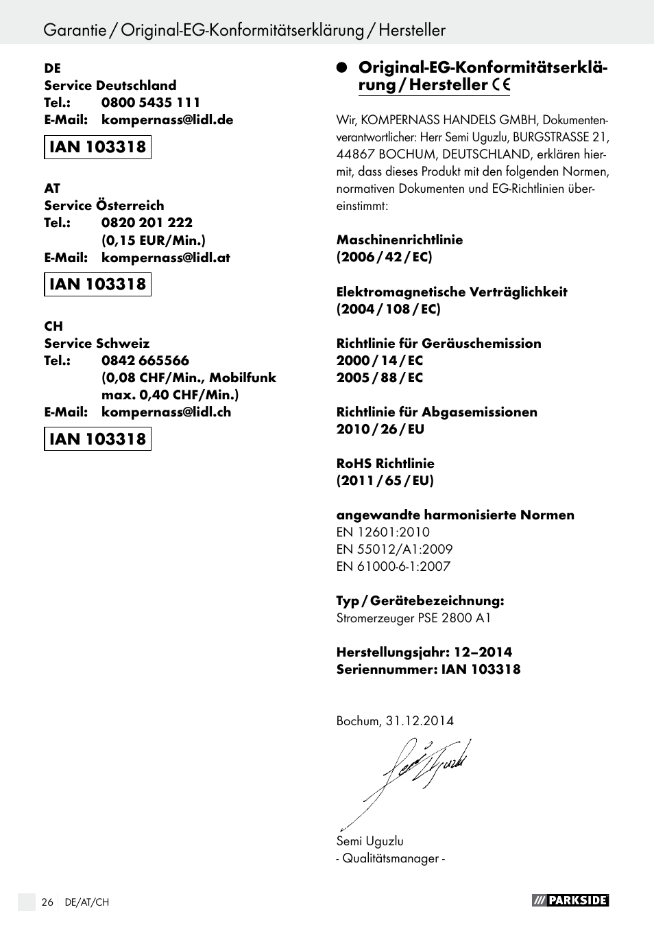 Parkside PSE 2800 A1 User Manual | Page 26 / 37