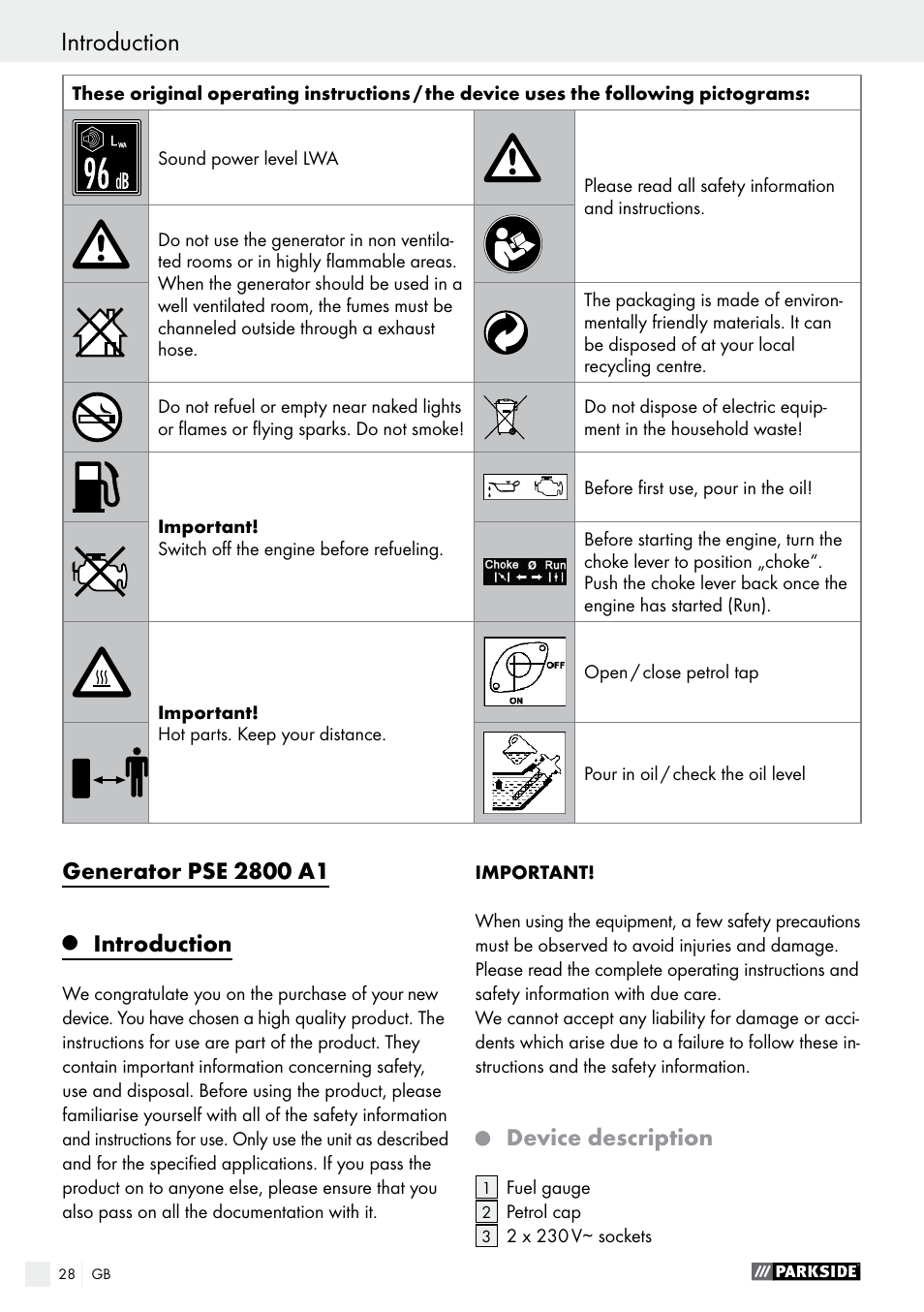 Introduction, Device description | Parkside PSE 2800 A1 User Manual | Page 28 / 37