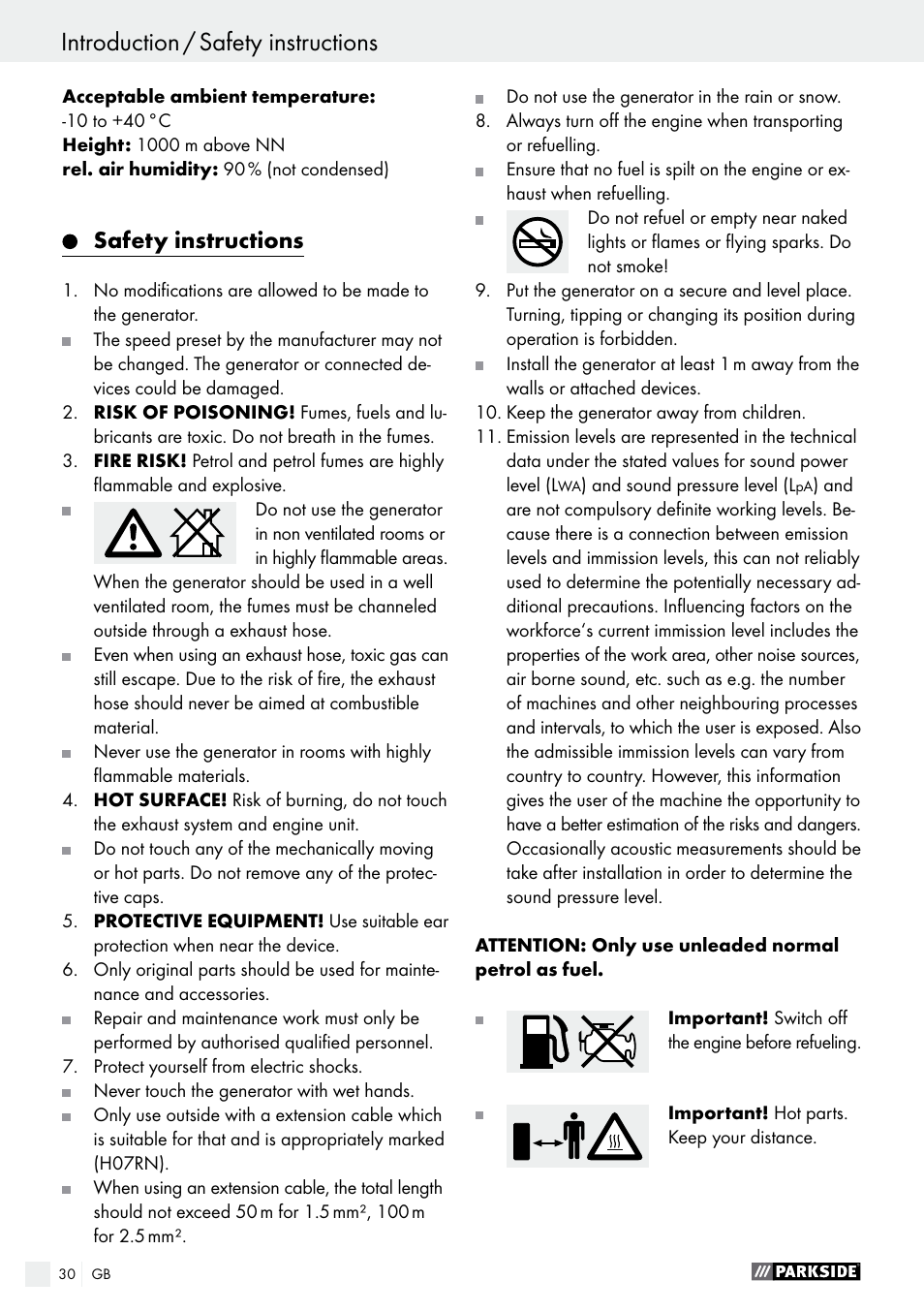 Safety instructions | Parkside PSE 2800 A1 User Manual | Page 30 / 37