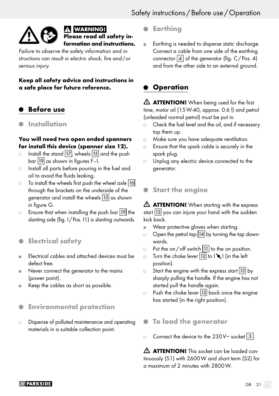 Safety instructions / before use / operation, Introduction / safety instructions, Before use installation | Electrical safety, Environmental protection, Earthing, Operation, Start the engine | Parkside PSE 2800 A1 User Manual | Page 31 / 37