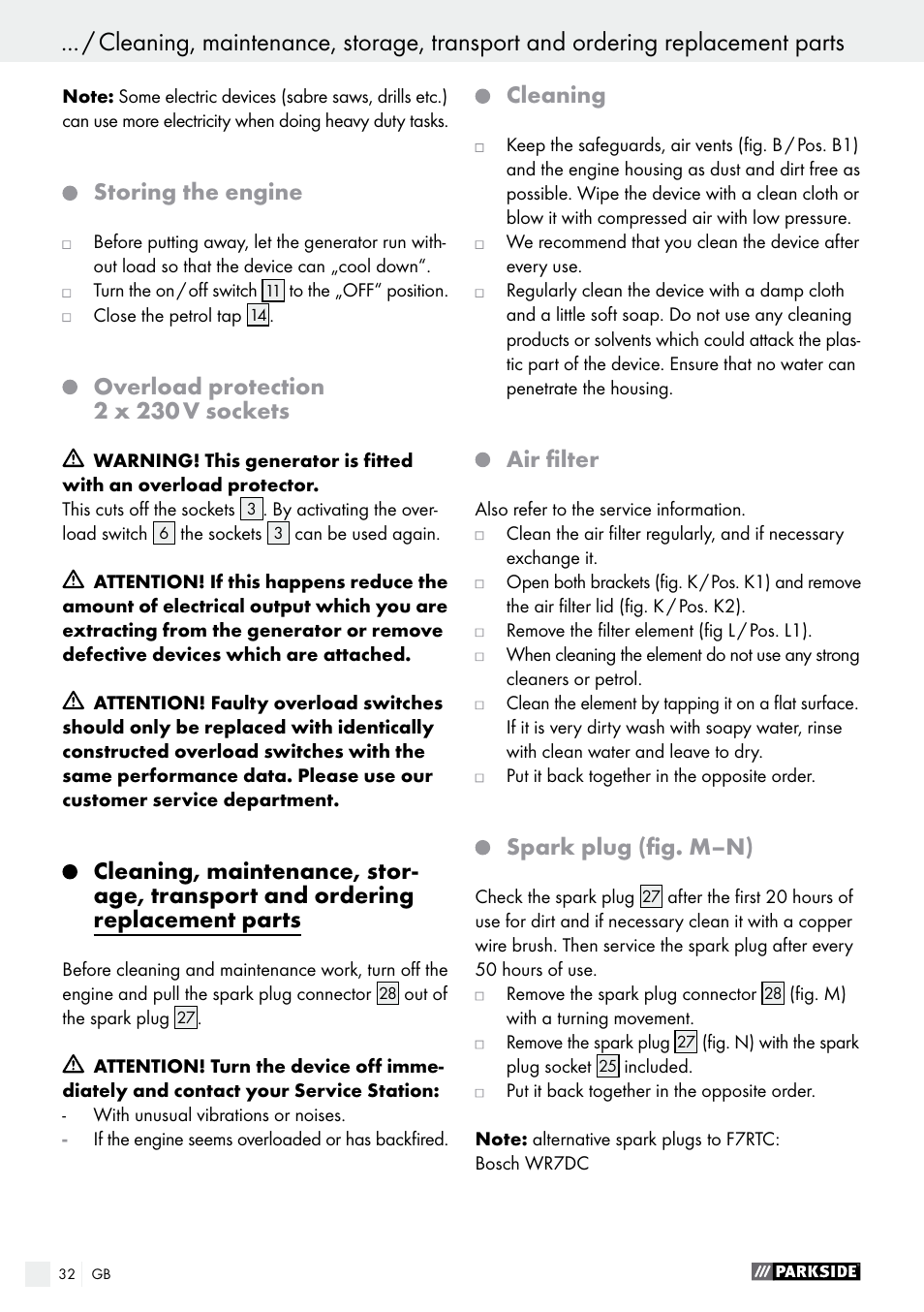 Storing the engine, Overload protection 2 x 230 v sockets, Cleaning | Air filter, Spark plug (fig. m–n) | Parkside PSE 2800 A1 User Manual | Page 32 / 37