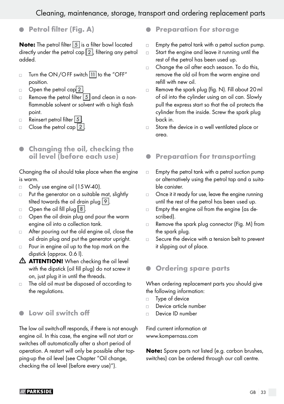 Petrol filter (fig. a), Low oil switch off, Preparation for storage | Preparation for transporting, Ordering spare parts | Parkside PSE 2800 A1 User Manual | Page 33 / 37