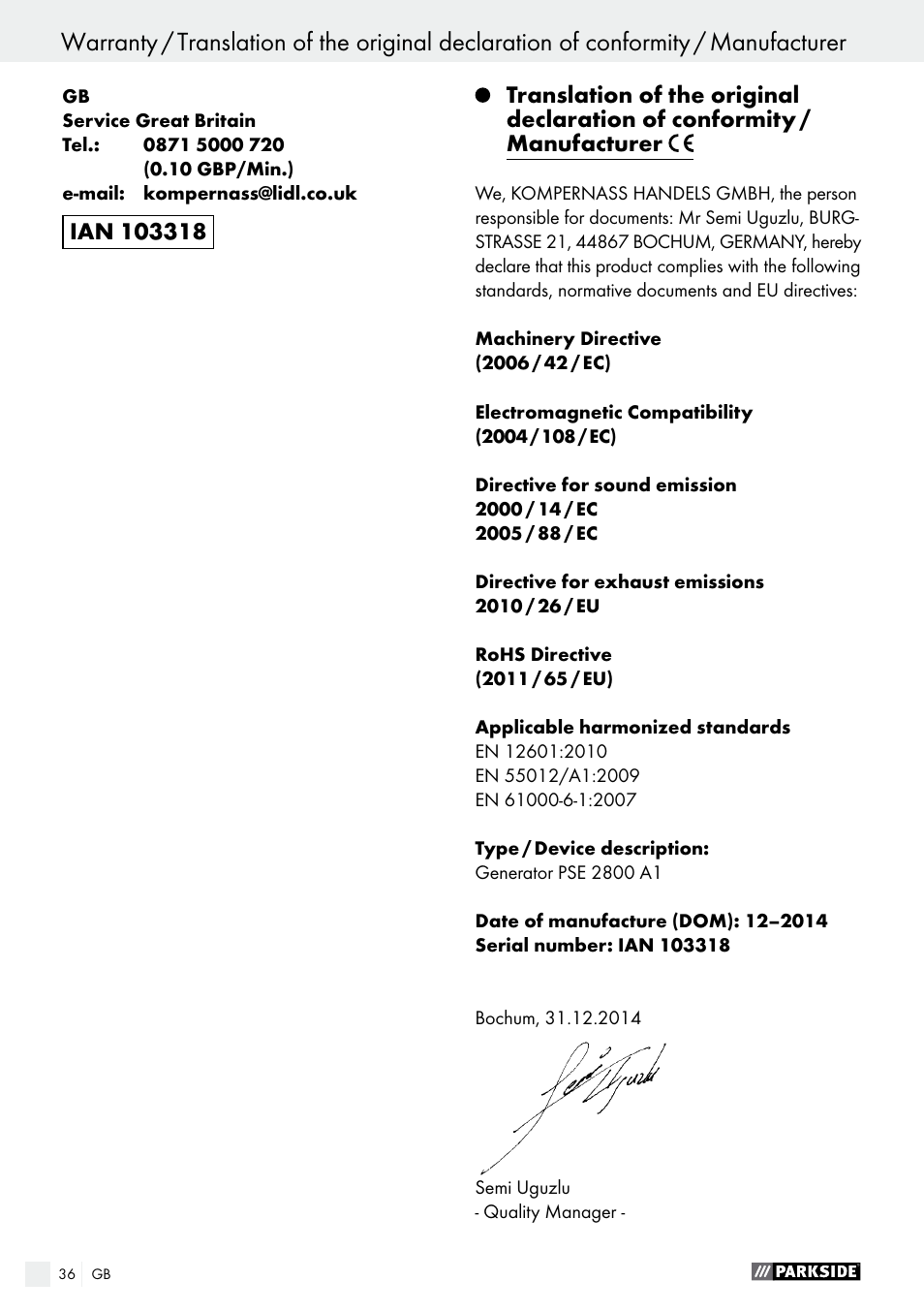 Parkside PSE 2800 A1 User Manual | Page 36 / 37