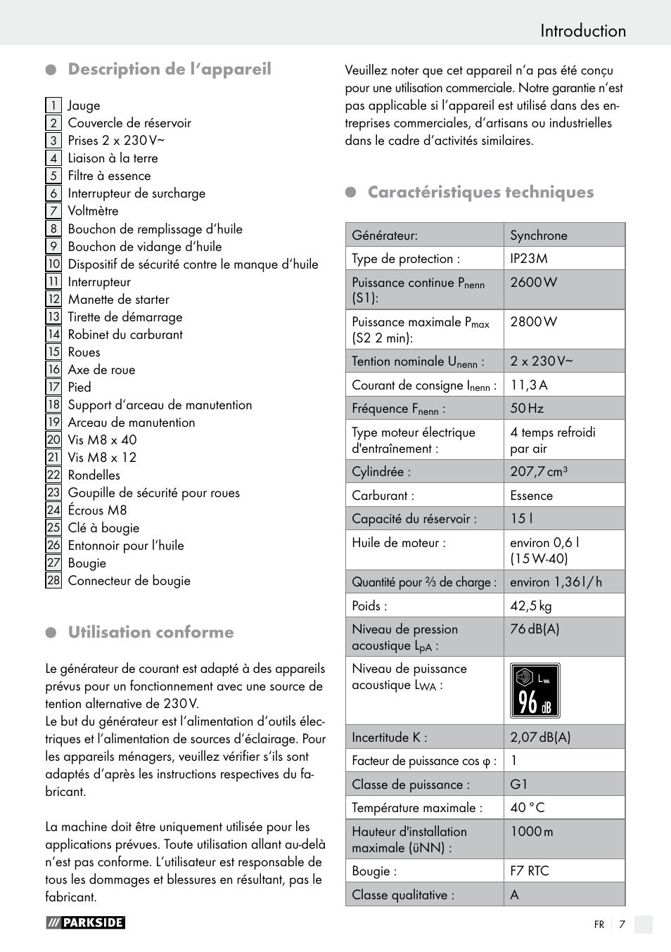 Introduction, Description de l‘appareil, Utilisation conforme | Caractéristiques techniques | Parkside PSE 2800 A1 User Manual | Page 7 / 37
