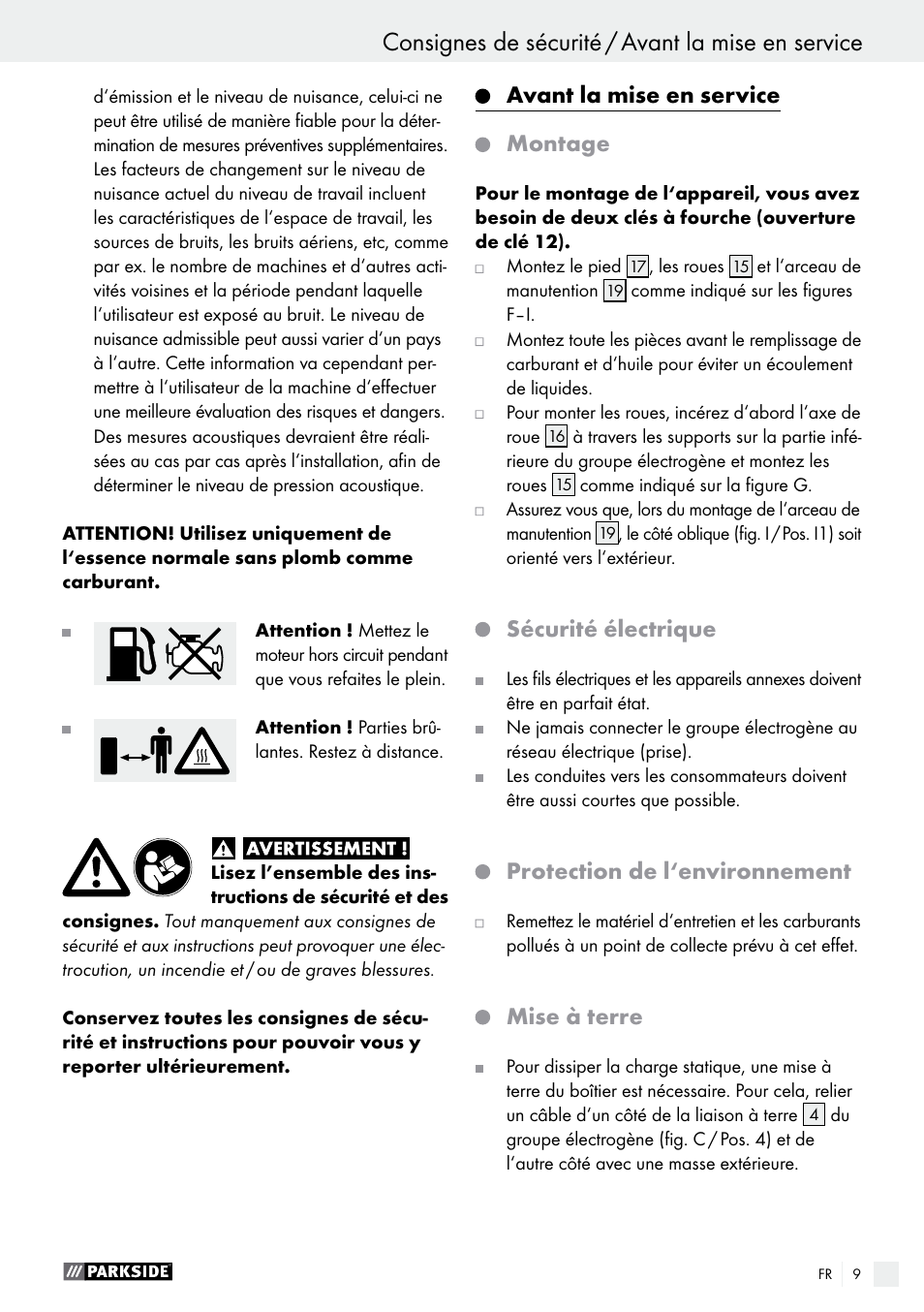 Avant la mise en service montage, Sécurité électrique, Protection de l‘environnement | Mise à terre | Parkside PSE 2800 A1 User Manual | Page 9 / 37