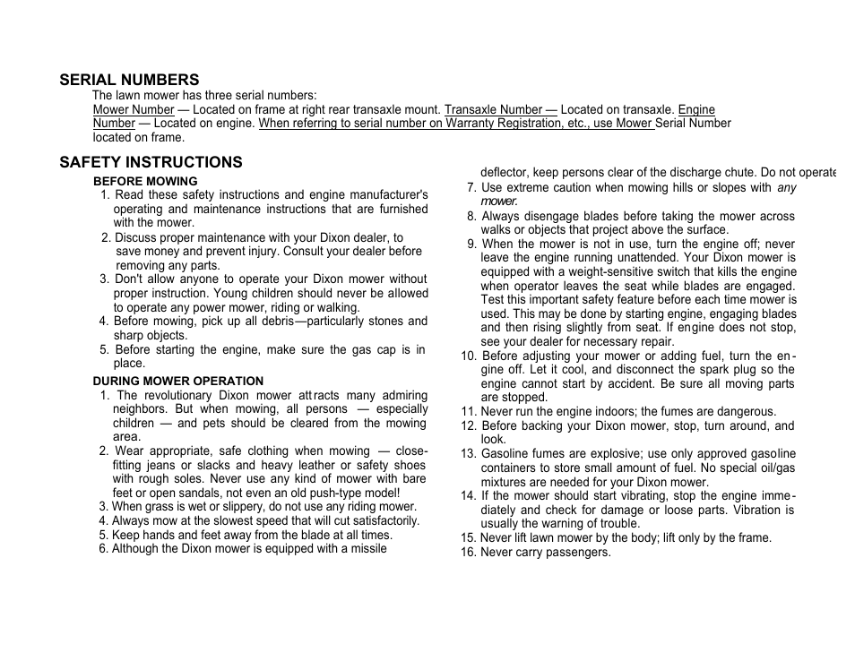 Serial numbers, Safety instructions | Dixon ZEETER 422 User Manual | Page 3 / 17