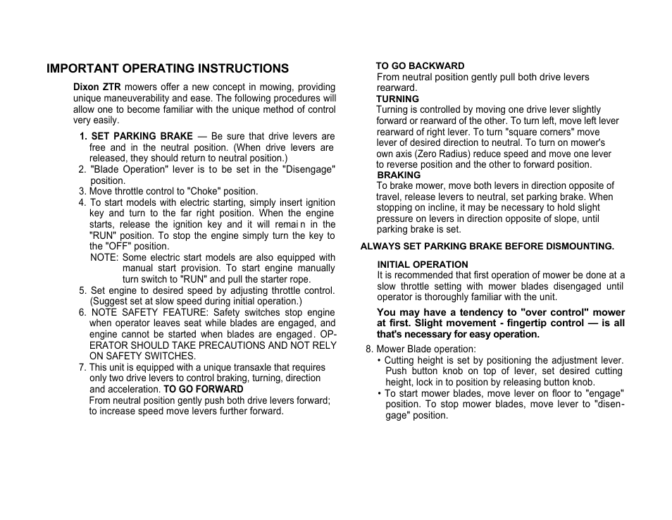 Important operating instructions | Dixon ZEETER 422 User Manual | Page 5 / 17