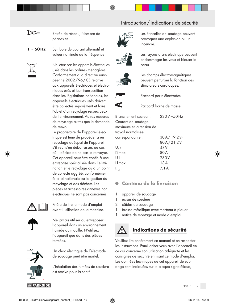 Contenu de la livraison, Indications de sécurité | Parkside PESG 120 A1 User Manual | Page 17 / 44