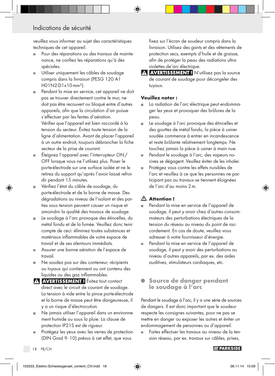 Indications de sécurité, Source de danger pendant le soudage à l‘arc | Parkside PESG 120 A1 User Manual | Page 18 / 44