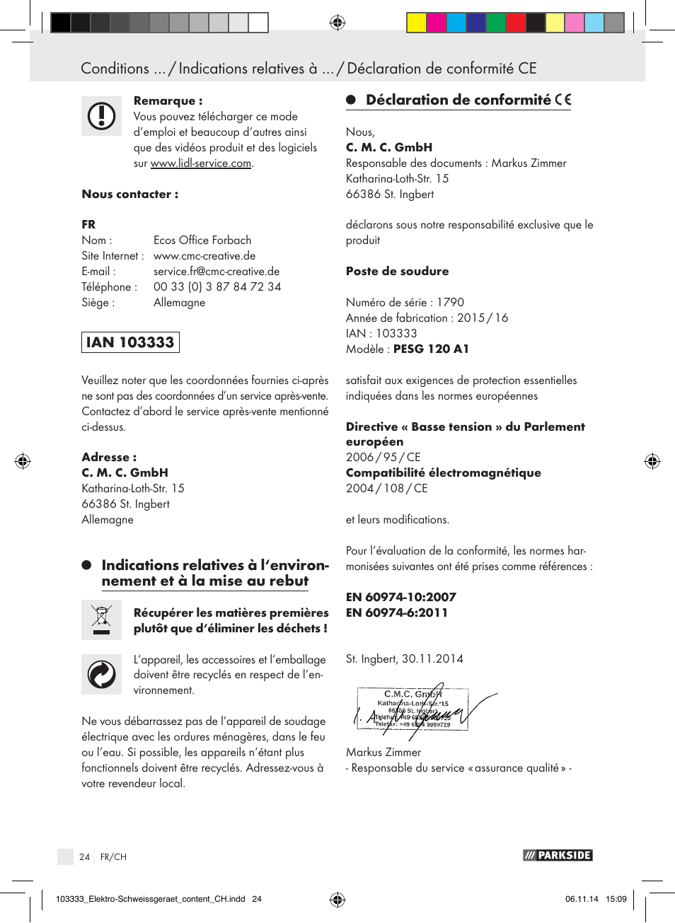 Indice, Déclaration de conformité | Parkside PESG 120 A1 User Manual | Page 24 / 44