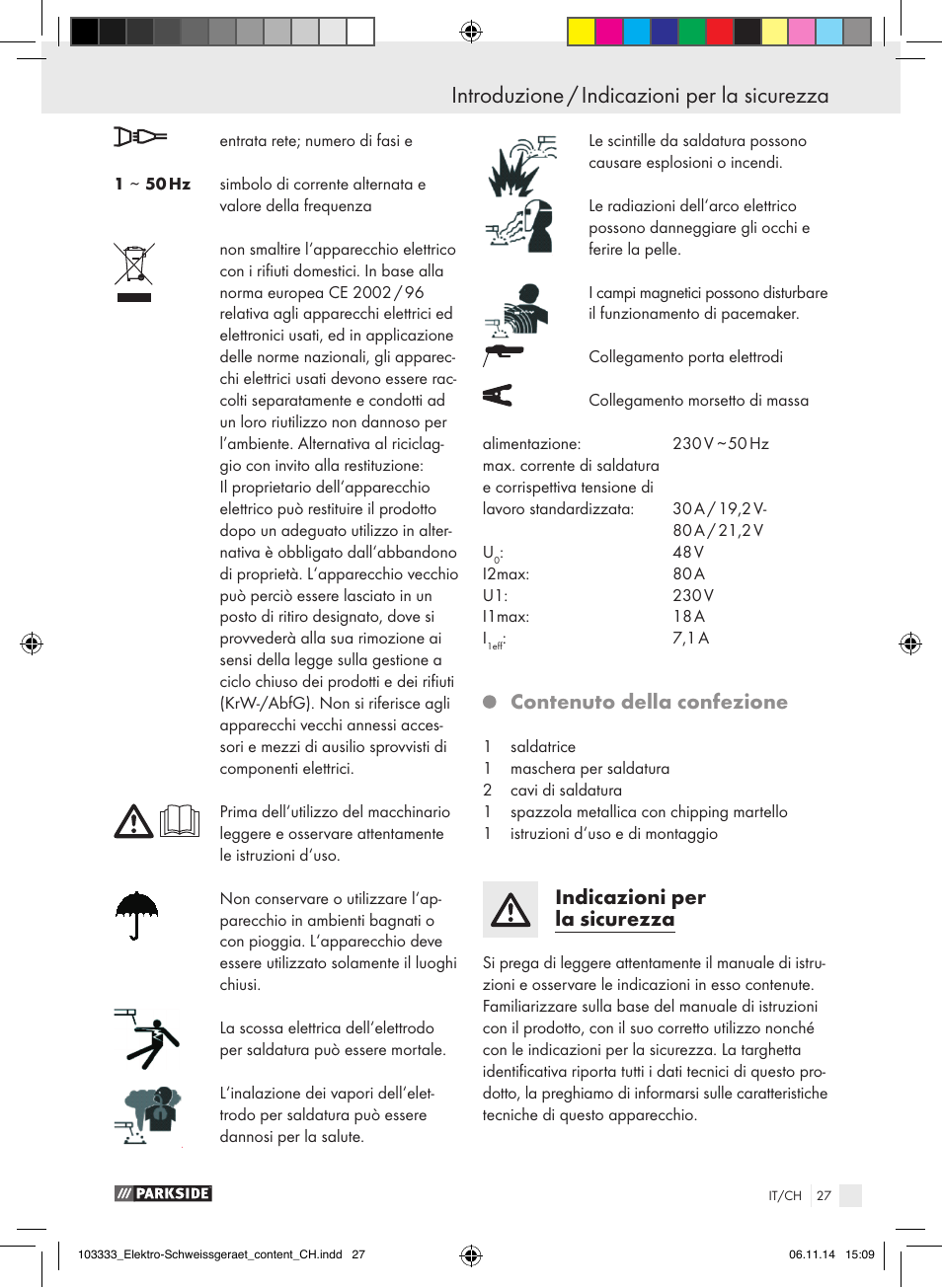 Contenuto della confezione, Indicazioni per la sicurezza | Parkside PESG 120 A1 User Manual | Page 27 / 44