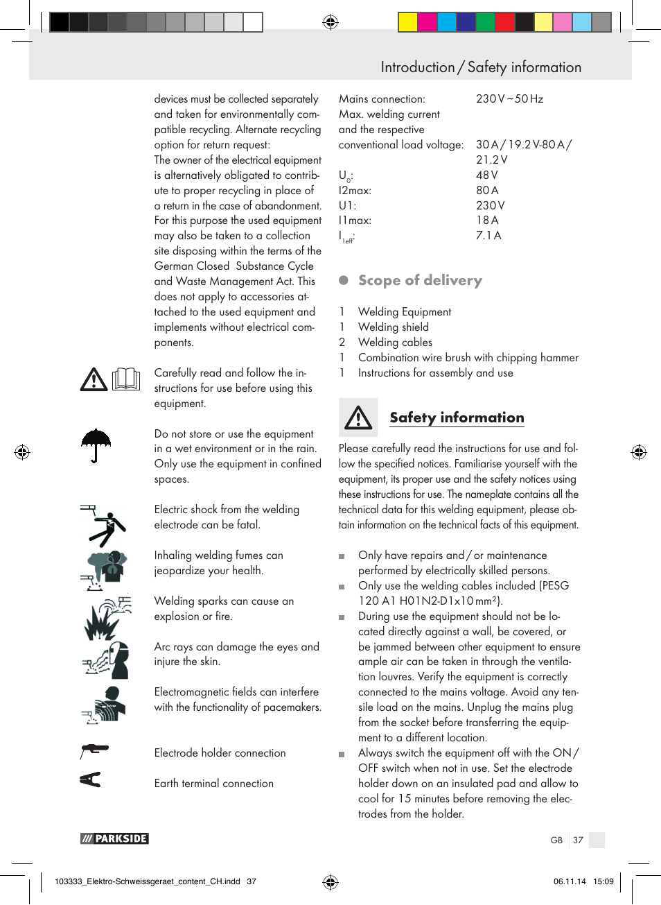 Introduction / safety information introduction, Scope of delivery, Safety information | Parkside PESG 120 A1 User Manual | Page 37 / 44