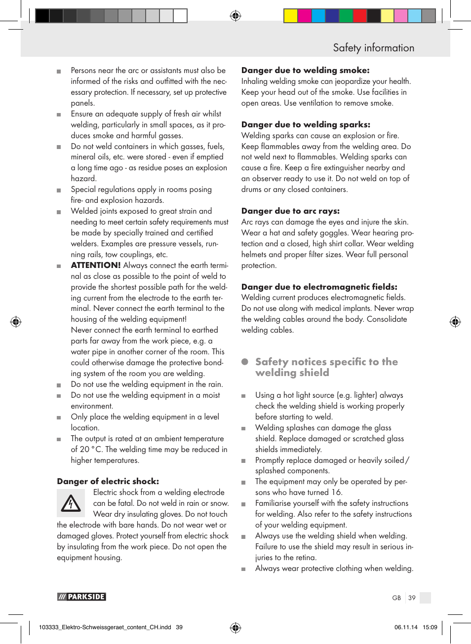 Safety information, Safety notices specific to the welding shield | Parkside PESG 120 A1 User Manual | Page 39 / 44