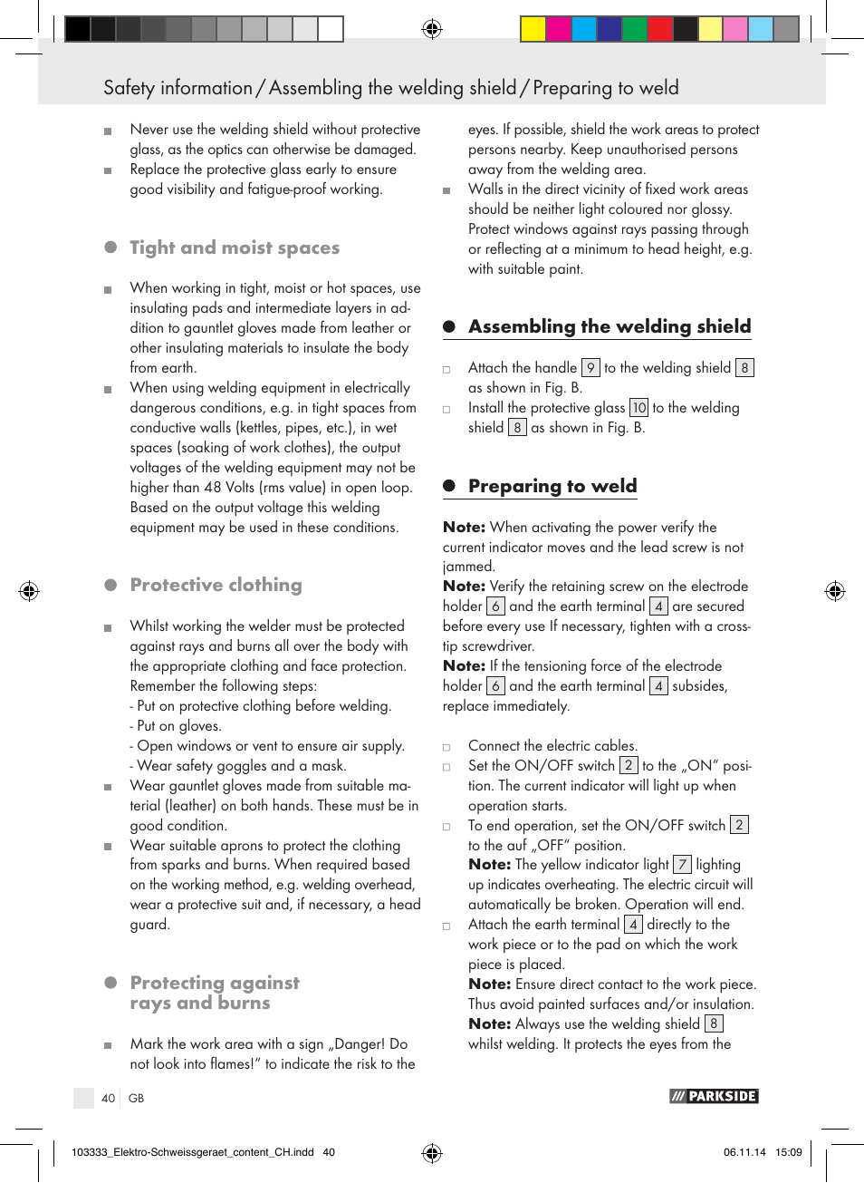 Tight and moist spaces, Protective clothing, Protecting against rays and burns | Assembling the welding shield, Preparing to weld | Parkside PESG 120 A1 User Manual | Page 40 / 44