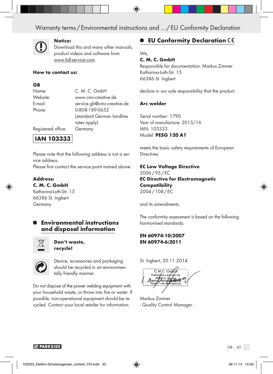 Eu conformity declaration | Parkside PESG 120 A1 User Manual | Page 43 / 44