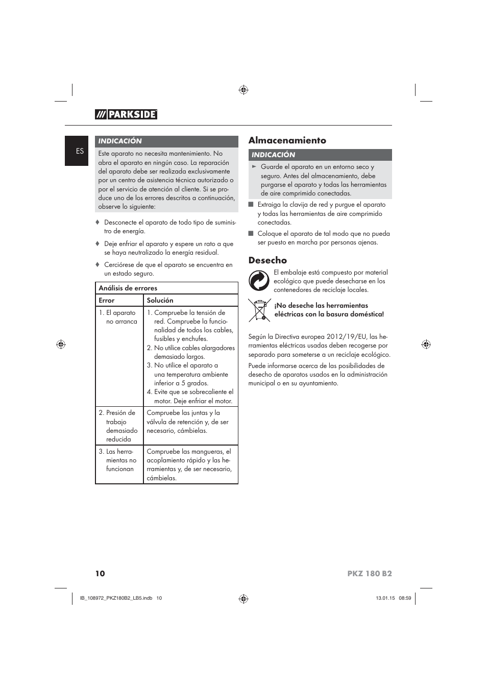 Almacenamiento, Desecho | Parkside PKZ 180 B2 User Manual | Page 13 / 50