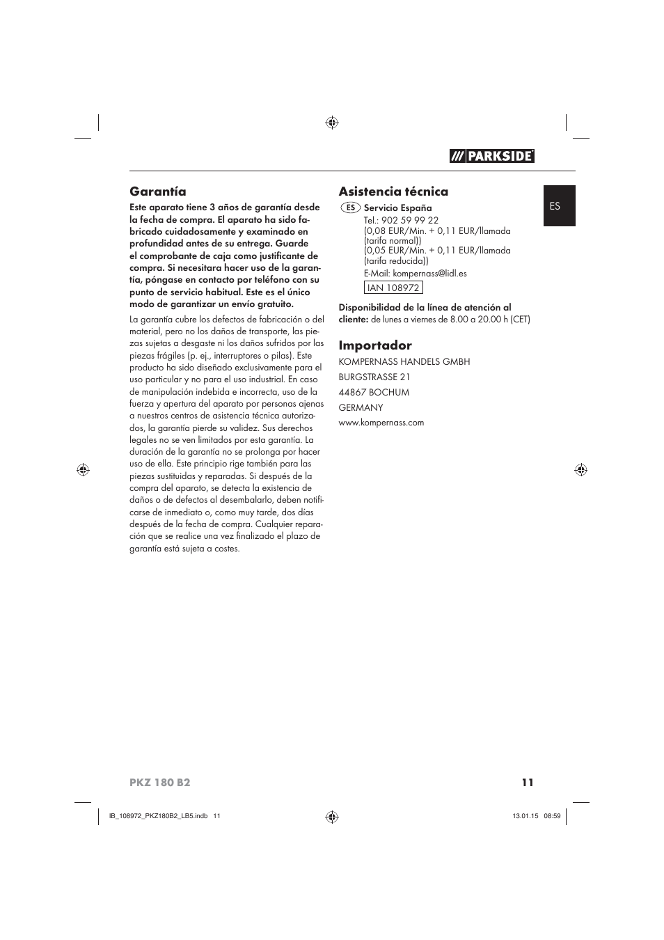 Garantía, Asistencia técnica, Importador | Parkside PKZ 180 B2 User Manual | Page 14 / 50