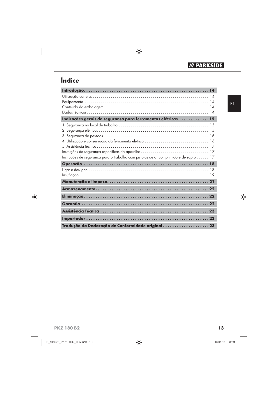 Índice | Parkside PKZ 180 B2 User Manual | Page 16 / 50